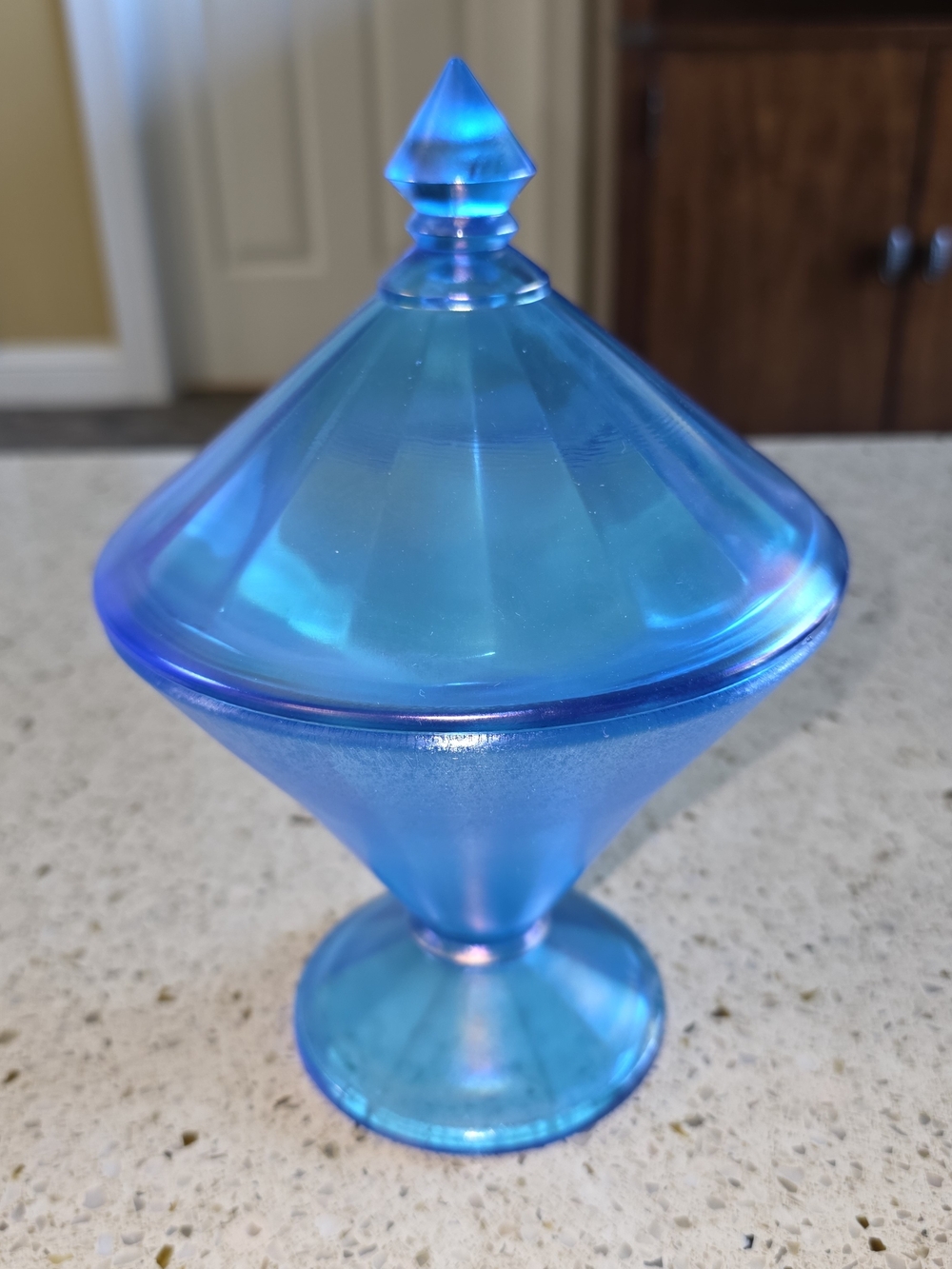 Fenton #736 Celeste Iridescent Blue Covered Candy Dish
